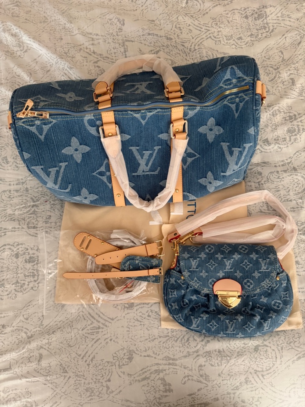 Louis Vuitton Blue Monogram Denim Travel Bag & Small Crossbody Set